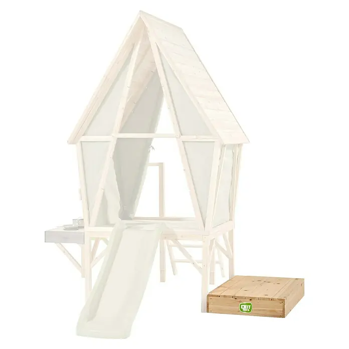 Exit Toys Sandkasten Erweiterung für Spielhaus - 90 x 59 x 14 cm, Holz, Natur - Helles Holzspielhaus mit A-Dach, Stoffwänden, weißer Rutsche und Holzsandkasten.