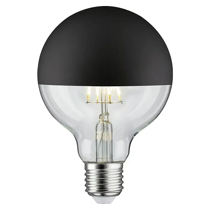 Paulmann LED-Lampe Vintage Globe-Form E27 G95 - E27, Dimmbar, Warmweiß, 600 lm, 6,5 W, Farbe: Klar, Matt - Nahaufnahme einer Globe Glühbirne mit schwarzer Oberseite und klarem Glas, die moderne Ästhetik mit effizienter LED-Technologie verbindet.