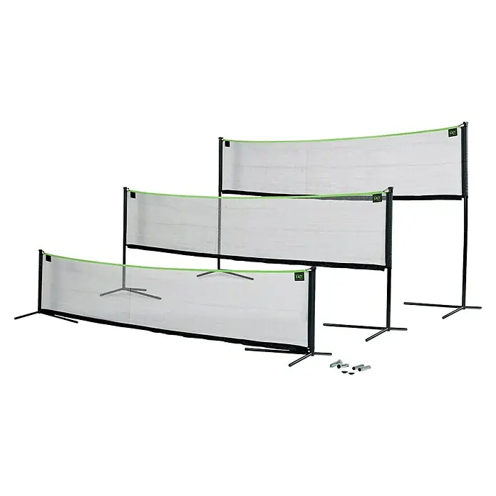 Exit Toys Sportnetz - Höhenverstellbar, 500 x 243 cm, Stahl - Drei tragbare Sportnetze in verschiedenen Höhen mit schwarzem Rahmen, weißem Netz, grünen Akzenten und Montageteilen.