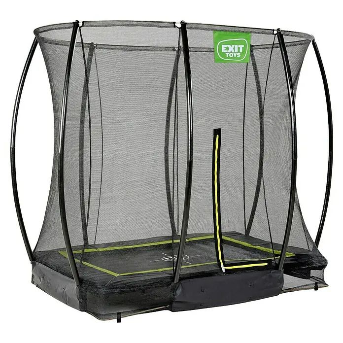Exit Toys Trampolin Silhouette Bodentrampolin mit Sicherheitsnetz - Schwarz, 214 x 153 x 205 cm - Schwarzes Trampolin mit Sicherheitsnetz, neongelbem Reißverschluss und grünem 'EXIT TOYS'-Logo. Rechteckige Sprungmatte mit gelben Akzenten.