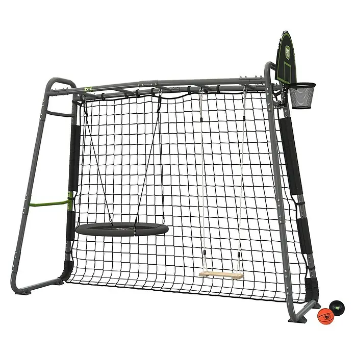 Exit Toys Klettergerüst GetSet Monkeybar MB205 - 331 x 115 x 248 cm, Stahl, Grau - Graues Multisporttor mit Netz, Basketballkorb und zwei Schaukeln (Teller- und Brettschaukel). Inklusive kleiner Orangen- und Schwarzbälle.