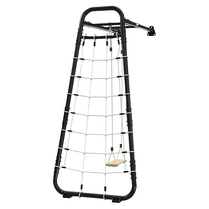 Exit Toys Schaukel GetSet Monkeybar MB110 - 173 x 115 x 248 cm, Stahl, Schwarz - Schwarzes Klettergerüst aus Metall mit weißem Seilnetz und kleiner Holzschaukel für Kinderspiele.