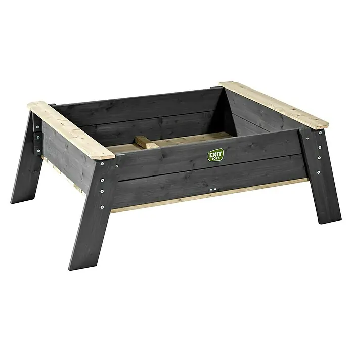 Exit Toys Kindertisch Aksent Sandtisch - L x B x H: 146 x 94 x 50 cm, Holz, Grau - Erhöhte dunkelgraue Holzsandkiste mit Naturholzleisten und stabilen Beinen, EXIT TOYS Logo.