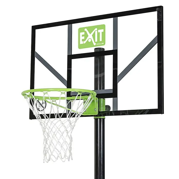 Exit Toys Basketballkorb Comet - 106 x 365 cm, Versetzbar, Grün/Schwarz - Basketballkorb mit grünem Ring, weißem Netz, schwarzem Rahmen und Rückwand mit grünem 'EXIT'-Logo auf schwarzem Pfosten.