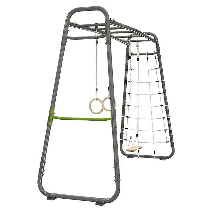 Exit Toys Klettergerüst GetSet Monkeybar MB210 - 331 x 115 x 248 cm, Stahl, Grau - Graues Klettergerüst aus Metall mit limettengrüner Stange, beigen Turnringen, einem Kletternetz und einer Holzschaukel.