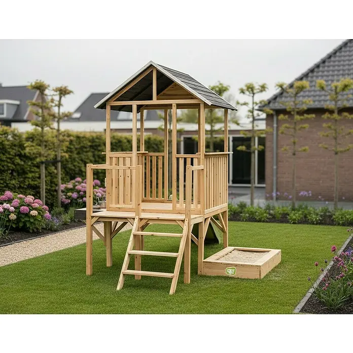 Exit Toys Sandkasten Erweiterung für Spielhaus - 90 x 59 x 14 cm, Holz, Natur - Natürliches Holzspielhaus mit Sandkasten und Treppe in einem Garten.