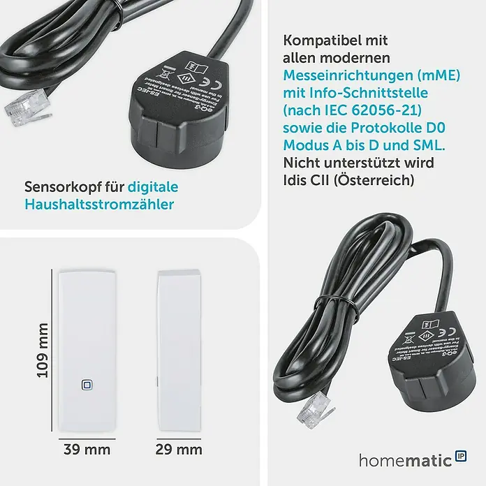 Homematic IP Kontakt-Schnittstelle HmIP-ESI-IEC für Smart Meter - Batteriebetrieben - Schwarzer Energiesensorkopf mit Kabel und weißem Gehäuse für digitale Stromzähler.