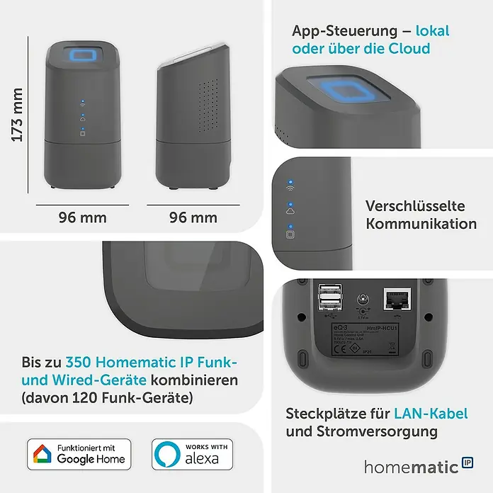 Homematic IP Steuerzentrale Home Control Unit HmIP-HCU1 - Anthrazit, L x B x H: 9,6 x 9,6 x 17,3 cm - Dunkelgraue Homematic IP Smart Home Steuereinheit mit blauen Anzeigen, Anschlüssen für LAN/Strom und Google Home/Alexa-Kompatibilität.