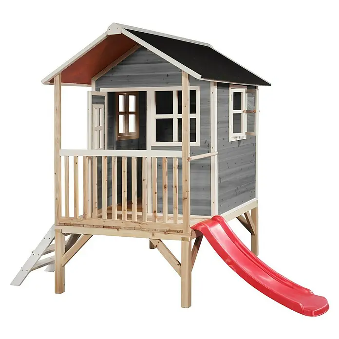 Exit Toys Spielhaus Loft 300 - L x B x H: 269 x 190 x 215 cm, Holz, Grau - Graues Holzspielhaus mit schwarzem Dach, weißen Fenstern, Naturholzgeländer, erhöhter Bauweise und roter Rutsche.