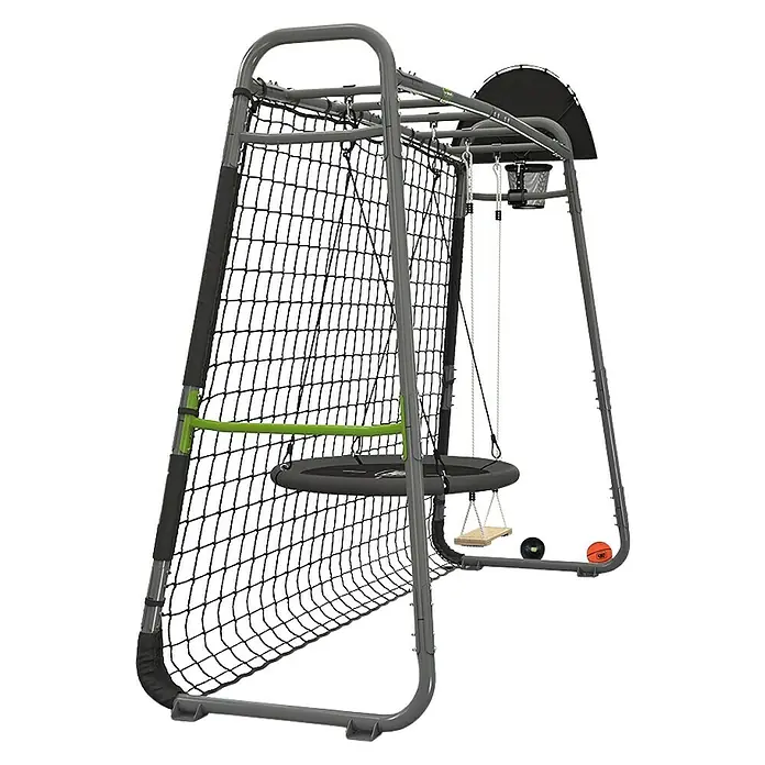 Exit Toys Klettergerüst GetSet Monkeybar MB205 - 331 x 115 x 248 cm, Stahl, Grau - Graues Multisportgestell mit Netz, Schaukeln, Basketballkorb und zwei Bällen.