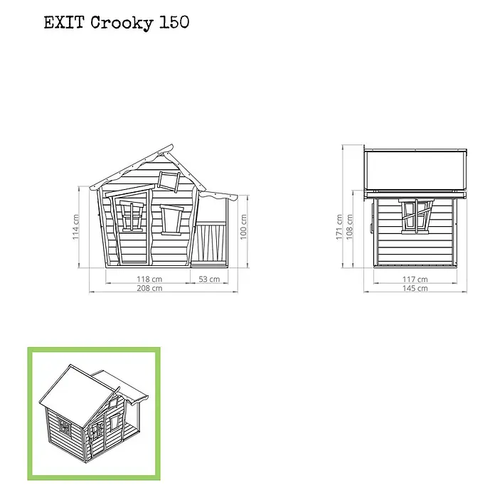 Exit Toys Spielhaus Crooky 150 - L x B x H: 208 x 145 x 171 cm, Holz, Grau/Beige - Technisches Zeichnung des EXIT Crooky 150 Spielhauses, mit Vorder-, Seiten- und isometrischen Ansichten und detaillierten Maßen.