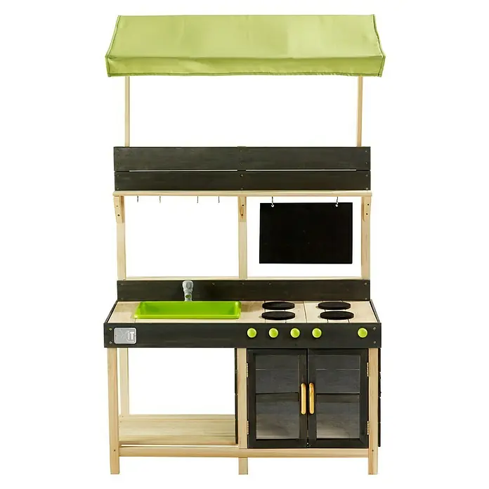 Exit Toys Matschküche Yummy 300 - 98 x 102 x 164 cm, Holz, Natur - Hölzerne Kinderspielküche mit grünem Vordach, Spüle, Herdplatten und einer Tafel, aus hellem und dunklem Holz gefertigt.