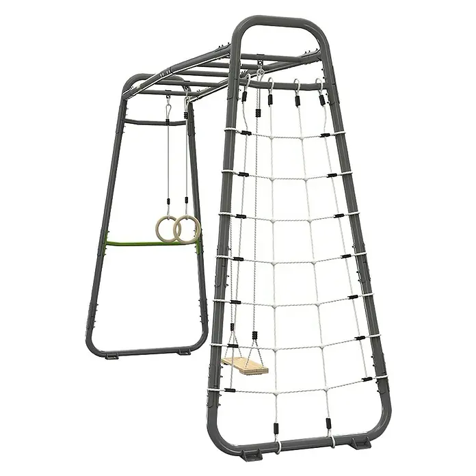 Exit Toys Klettergerüst GetSet Monkeybar MB210 - 331 x 115 x 248 cm, Stahl, Grau - Graues Metall-Klettergerüst mit Sprossen, Kletternetz, Turnringen und einer Holzschaukel für Kinderspiel.