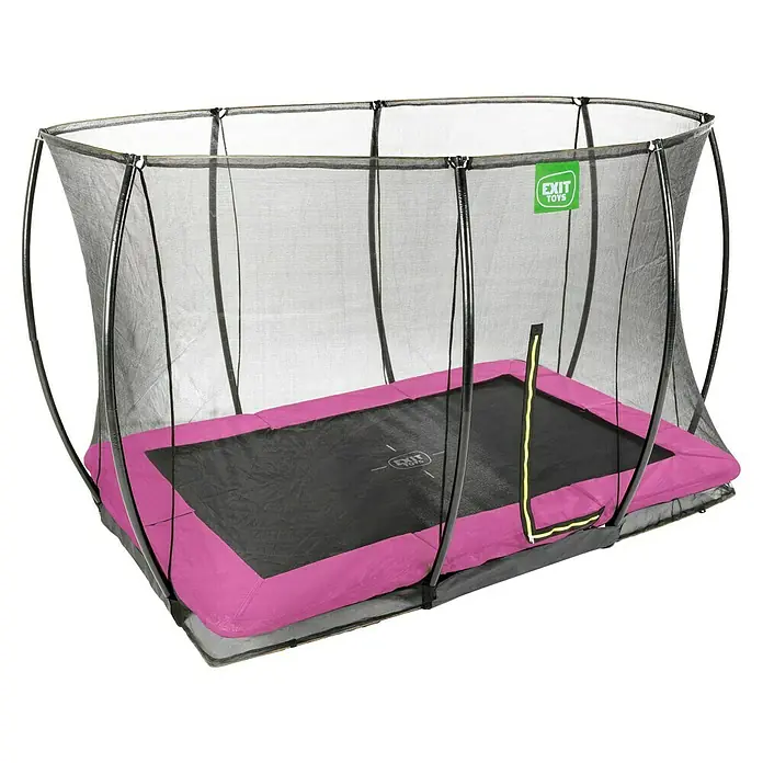 Exit Toys Trampolin Silhouette Bodentrampolin mit Sicherheitsnetz - Rosa, 366 x 244 x 203 cm - Rechteckiges Trampolin mit schwarzer Sprungmatte, lila Polsterung und schwarzem Sicherheitsnetz mit EXIT TOYS Logo.