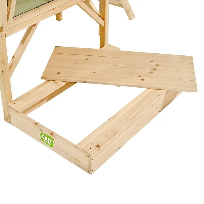 Exit Toys Sandkasten Erweiterung für Spielhaus - 90 x 59 x 14 cm, Holz, Natur - Sandkasten aus hellem Naturholz mit abnehmbarem Deckel, der als Bank dient, Teil einer Spielstruktur.
