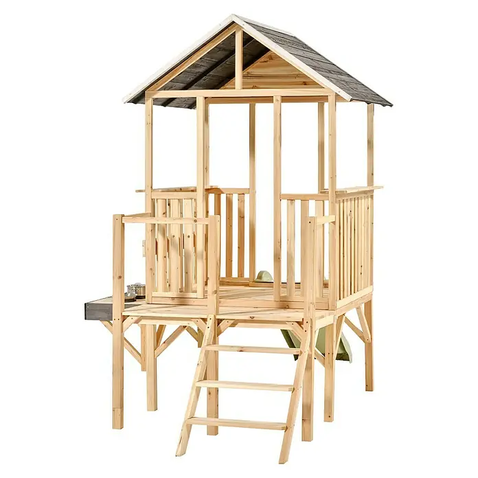 Exit Toys Spielhaus Panorama 350 - L x B x H: 267 x 146 x 203 cm, Holz, Natur - Hölzernes Kinderspielhaus mit dunkelgrauem Dach und Leiter, für das Spielen im Freien.