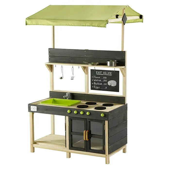 Exit Toys Matschküche Yummy 300 - 98 x 102 x 164 cm, Holz, Natur - Hölzerne Matschküche für draußen mit grüner Spüle, Dach und Kreidetafel.