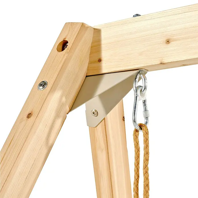 Exit Toys Schaukel Silvi Duo - B x L: 192 x 247 cm, Holz - Holzschaukelgestell-Gelenk mit hellgrauer Metallhalterung, silbernem Karabiner und geflochtenem hellbraunem Seil.