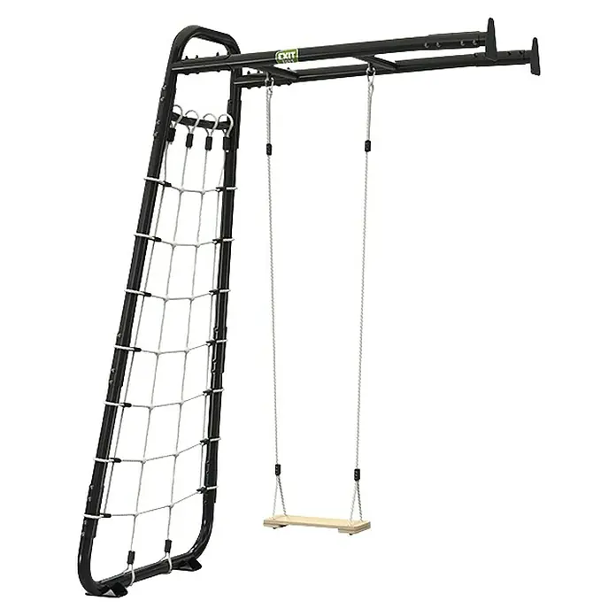 Exit Toys Schaukel GetSet Monkeybar MB110 - 173 x 115 x 248 cm, Stahl, Schwarz - Schwarzes Metall-Klettergerüst und Schaukelset mit weißem Seilnetz und hölzerner Schaukel.