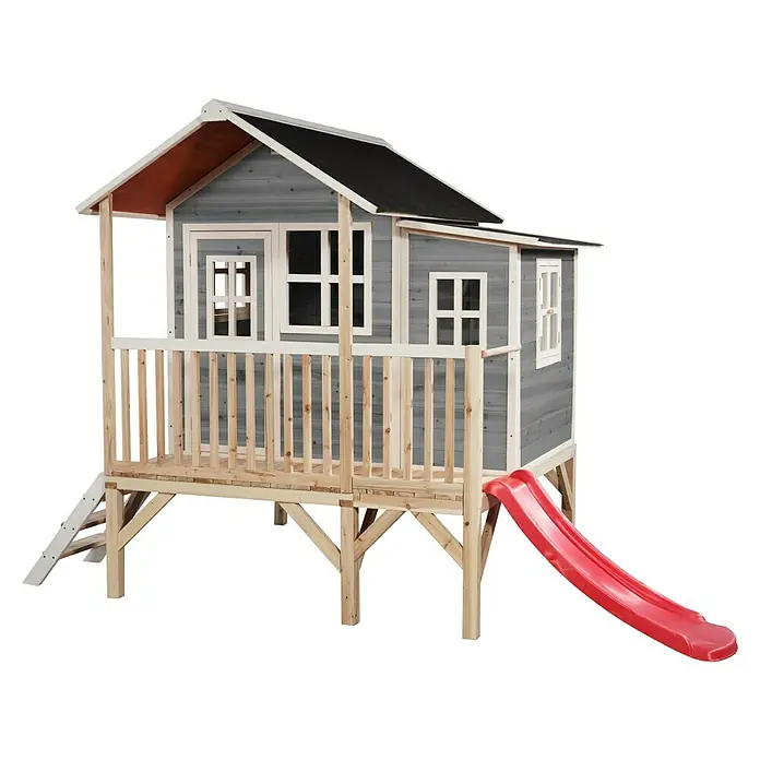 Exit Toys Spielhaus Loft 350 - L x B x H: 322 x 190 x 215 cm, Holz, Grau - Erhöhtes Holzspielhaus für Kinder mit grauem Korpus, Naturholzrahmen, Balkon, Treppe und roter Rutsche.