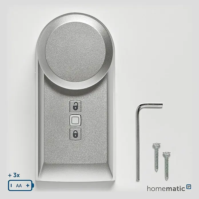 Homematic IP Funk-Türschlossantrieb HmIP-DLD-S - Silber, Batteriebetrieben, 36 x 56 x 118 mm - Silberfarbenes Smart-Türschloss mit drei Bedientasten, Inbusschlüssel und zwei Schrauben. Benötigt 3x AA Batterien.