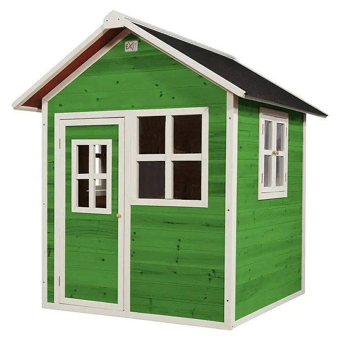 Exit Toys Spielhaus Loft 100 - L x B x H: 149 x 135 x 159 cm, Holz, Grün - Grünes Holzspielhaus mit weißem Rahmen und schwarzem Dach, mit einer Tür und mehreren Fenstern.