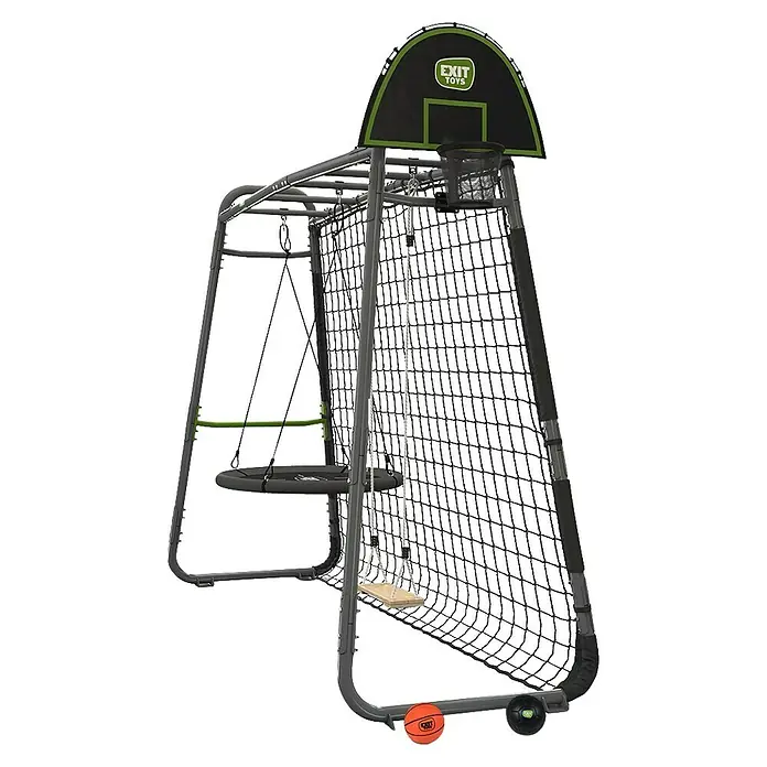 Exit Toys Klettergerüst GetSet Monkeybar MB205 - 331 x 115 x 248 cm, Stahl, Grau - Graues und schwarzes Multisport-Spielset mit Basketballkorb, Fußballtor und zwei Schaukeln. Inklusive Basketball und Fußball.