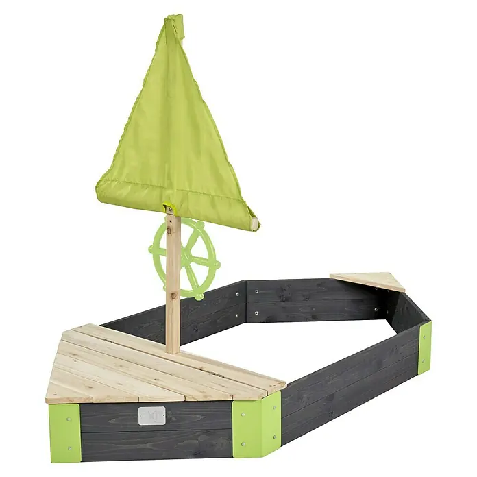 Exit Toys Sandkasten Aksent Boot - 190 x 90 x 135 cm, Holz, Grau/Grün - Bootsförmiger Holzsandkasten mit dunkelgrauen Wänden, heller Holzterrasse, leuchtend grünem Segel und Steuerrad.