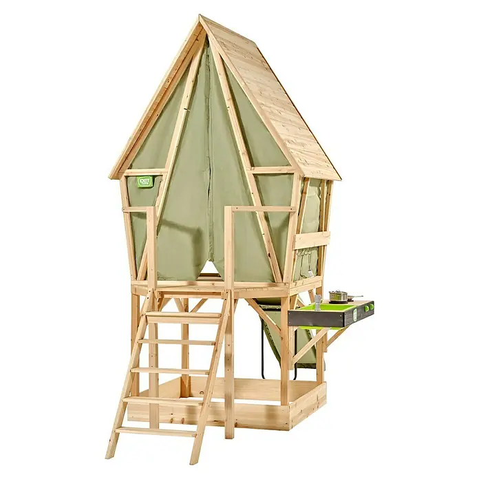 Exit Toys Spielhaus Yuki 550 - L x B x H: 337 x 148 x 246 cm, Holz, Natur/Grün - Erhöhtes Holzspielhaus mit grünem Stoffzelt, Leiter und seitlicher Spielküche.
