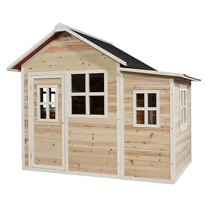 Exit Toys Spielhaus Loft 150 - L x B x H: 188 x 149 x 159 cm, Holz, Natur - Helles Holz-Spielhaus mit weißem Rahmen und schwarzem Dach, mit Tür und mehreren Fenstern.
