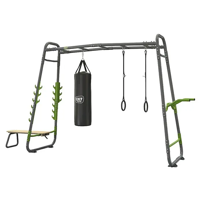 Exit Toys Klettergerüst GetSet Monkeybar MB230 - 442 x 125 x 248 cm, Stahl, Grau - Graues und grünes Outdoor-Fitnessgerät mit Klettergerüst, Boxsack, Turnringen und Trittbank.