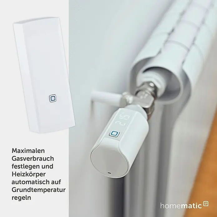 Homematic IP Kontakt-Schnittstelle HmIP-ESI-GAS für Gaszähler - Batteriebetrieben - Weiße Smart-Home-Geräte: Ein Heizungsthermostat zeigt 21,5 Grad an und ein rechteckiger Sensor.