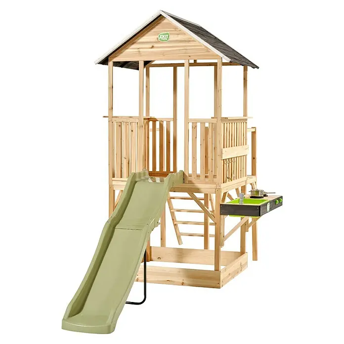 Exit Toys Spielhaus Panorama 550 - L x B x H: 347 x 146 x 230 cm, Holz, Natur - Hölzernes Spielhaus mit grüner Rutsche und angebauter grüner Spielküche.
