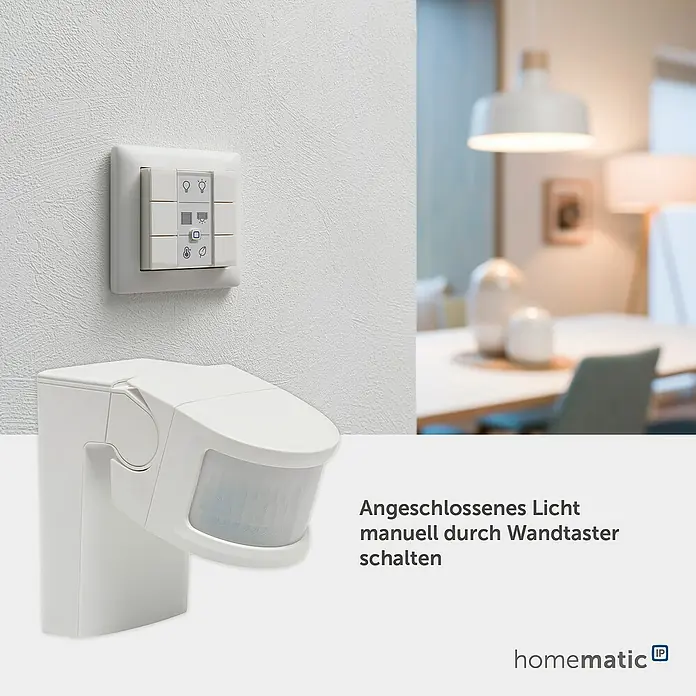 Homematic IP Bewegungsmelder mit Schaltaktor - Weiß, 1.150 W - Weißer Smart-Home-Wandtaster und Bewegungsmelder zur Steuerung der Innenbeleuchtung.