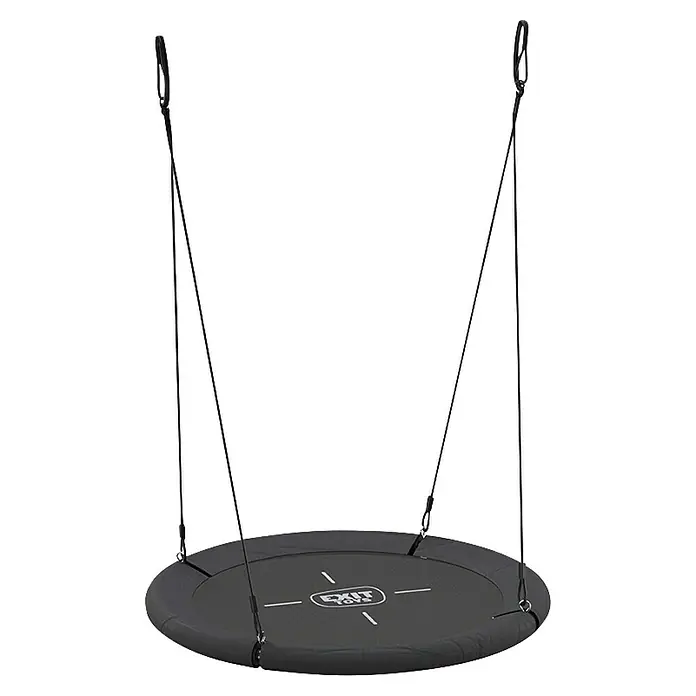 Exit Toys Nestschaukel - Durchmesser: 100 cm, Metall, Schwarz/Grau - Dunkelgraue runde Nestschaukel mit schwarzen Seilen und weißem 'EXIT TOYS'-Logo, zum Spielen aufgehängt.