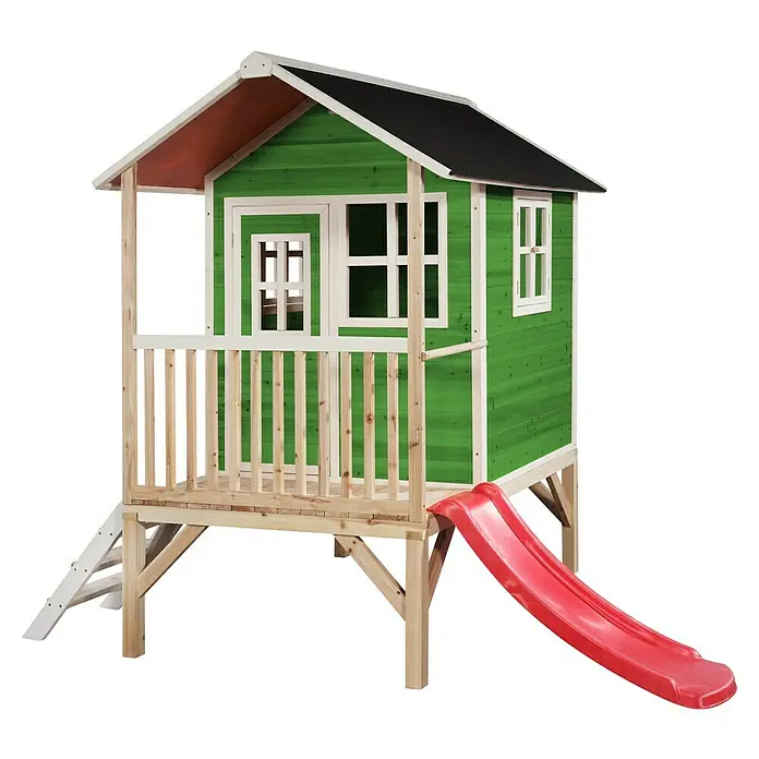 Exit Toys Spielhaus Loft 300 - L x B x H: 269 x 190 x 215 cm, Holz, Grün - Grünes Holzspielhaus auf Stelzen mit roter Rutsche und Leiter, für Spiel im Freien.