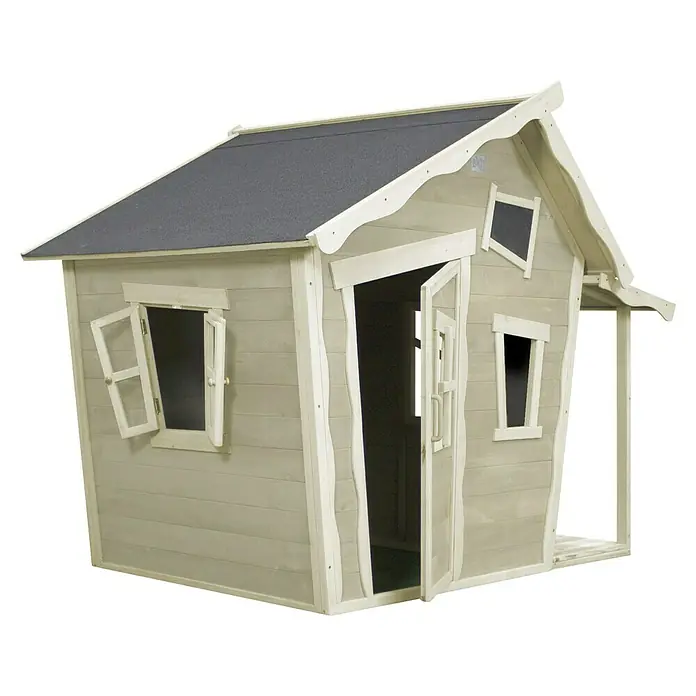 Exit Toys Spielhaus Crooky 150 - L x B x H: 208 x 145 x 171 cm, Holz, Grau/Beige - Spielhaus aus Holz mit schiefem Design und offenen Fenstern/Tür.