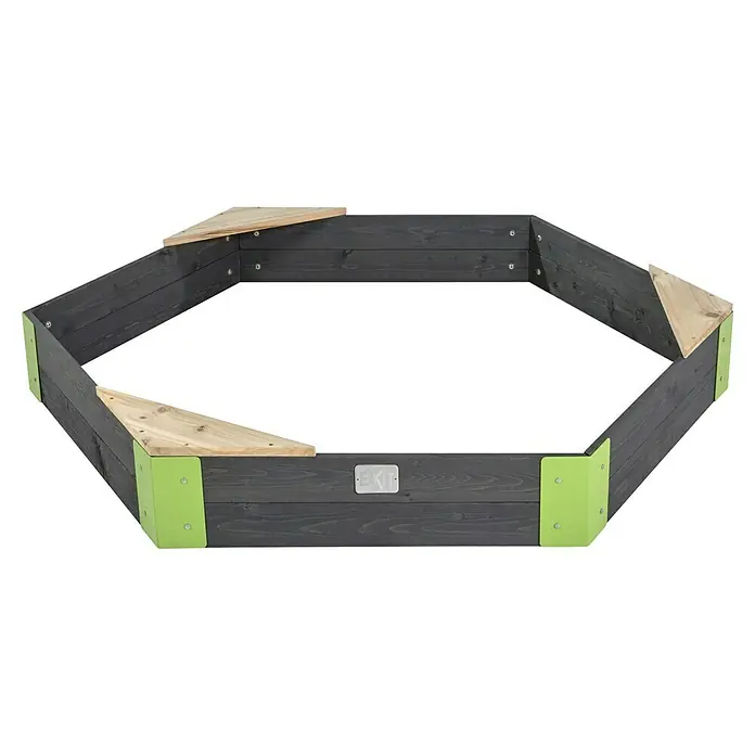 Exit Toys Sandkasten Aksent Sechseck - 160 x 140 x 21 cm, Holz, Grau - Sechseckiger dunkelgrauer Holz-Sandkasten/Pflanzkasten mit hellgrünen Metallecken und dreieckigen Sitzflächen aus Naturholz.