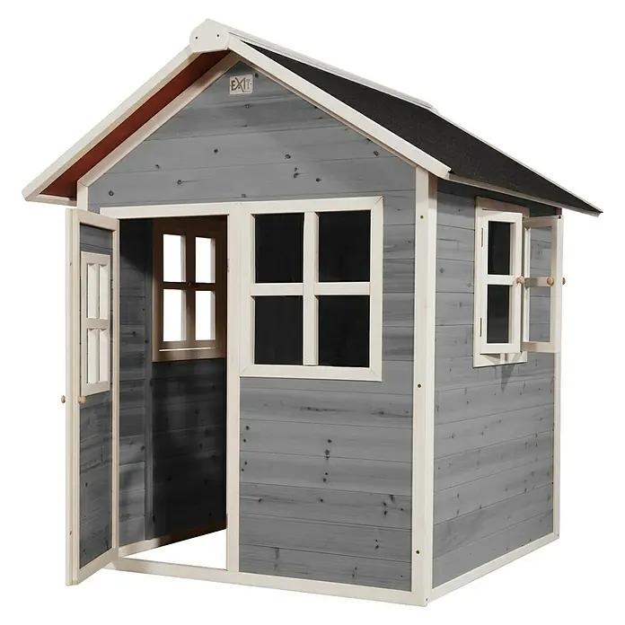 Exit Toys Spielhaus Loft 100 - L x B x H: 149 x 135 x 159 cm, Holz, Grau - Graues Holz-Spielhaus mit weißer Verkleidung und schwarzem Dach. Mit offener Tür und Fenstern.