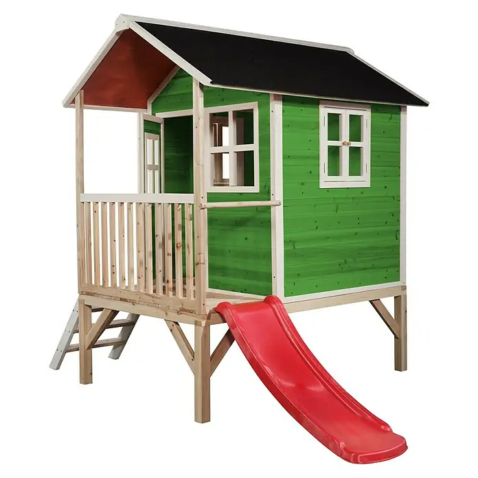 Exit Toys Spielhaus Loft 300 - L x B x H: 269 x 190 x 215 cm, Holz, Grün - Grünes Holzspielhaus auf Stelzen mit Naturholzdetails, schwarzem Dach, weiß gerahmten Fenstern und roter Rutsche.