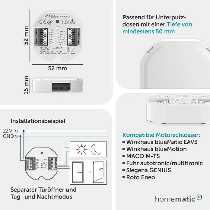 Homematic IP Controller Universal Motorschloss - Passend für: Intelligentes Türmanagement, Grau, B x L: 12,2 x 9,3 cm - Weißes Homematic IP Smart-Home-Modul, 52x52x15mm, für Unterputz-Installation, kompatibel mit Motorschlössern.