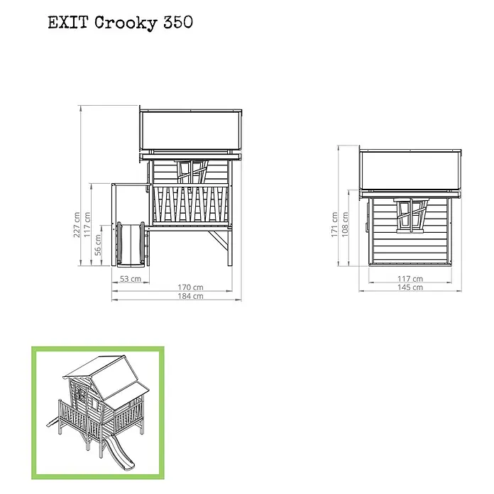 Exit Toys Spielhaus Crooky 350 - L x B x H: 322 x 184 x 227 cm, Holz, Grau/Beige - EXIT Crooky 350 Stelzen-Spielhaus mit Rutsche. Technische Zeichnungen und Perspektivansicht mit Maßen.