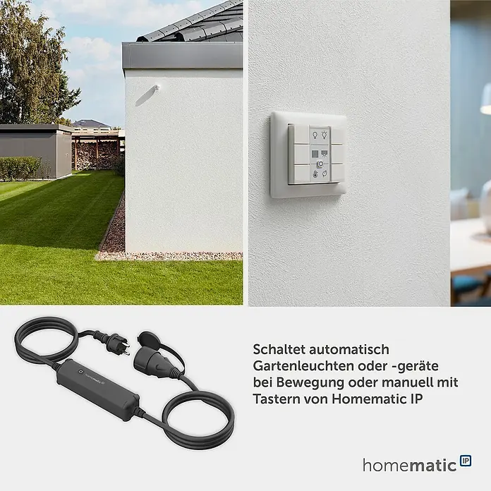 Homematic IP Smart-Steckdose Schalt-Mess-Kabel außen - IP44, Schwarz, 4,62 cm - Homematic IP Außensteckdose, Wandtaster und Bewegungsmelder zur Automatisierung von Gartenleuchten oder -geräten.