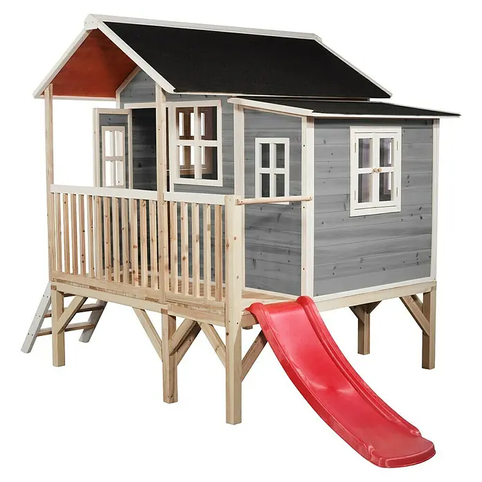 Exit Toys Spielhaus Loft 350 - L x B x H: 322 x 190 x 215 cm, Holz, Grau - Holzspielhaus, grau mit weißem Rand, schwarzem Dach, auf Stelzen, mit Naturholzgeländer, Leiter und roter Rutsche.