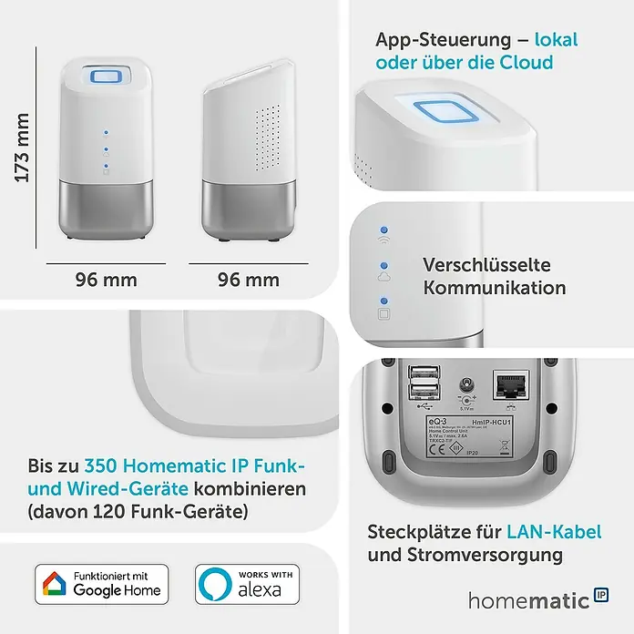 Homematic IP Steuerzentrale Home Control Unit HmIP-HCU1 - Weiß, L x B x H: 9,6 x 9,6 x 17,3 cm - Weiß-silberne Homematic IP Home Control Unit (HmIP-HCU1) mit Maßen 173x96mm, ausgestattet mit Anschlüssen und Anzeigen für Smart Home Steuerung.