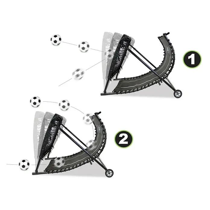 Exit Toys Fußballtor Kickback Rebounder - 142 x 105 cm, Schwarz - Schwarzer Fußball-Rebounder mit flexiblem Netz, in zwei einstellbaren Positionen beim Zurückwerfen von Bällen demonstriert.