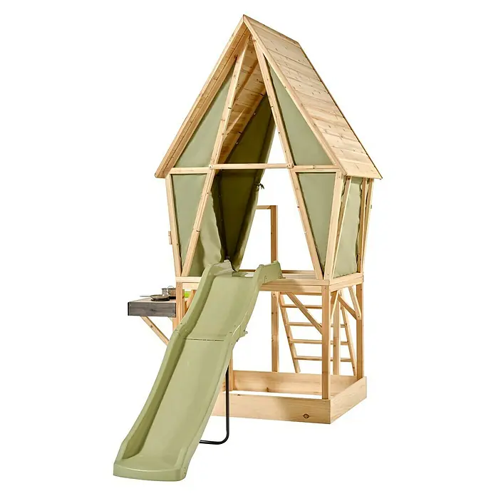 Exit Toys Spielhaus Yuki 550 - L x B x H: 337 x 148 x 246 cm, Holz, Natur/Grün - Spielhaus aus Holz mit hellgrüner Rutsche und grünen Stoffwänden.