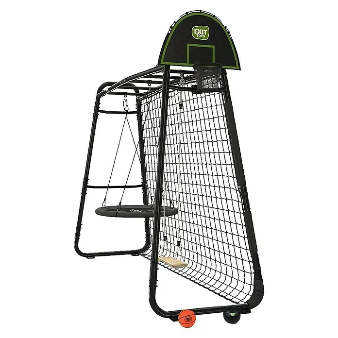 Exit Toys Klettergerüst GetSet Monkeybar MB205 - 331 x 115 x 248 cm, Stahl, Schwarz - Schwarzes Multi-Aktivität Spielset mit Basketballkorb, Tellerschaukel, normaler Schaukel und Tornetz, mit grünen Akzenten.