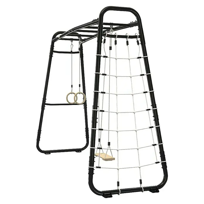 Exit Toys Klettergerüst GetSet Monkeybar MB210 - 331 x 115 x 248 cm, Stahl, Schwarz - Schwarzes Klettergerüst aus Metall mit weißem Kletternetz, Holzschaukel und Turnringen.