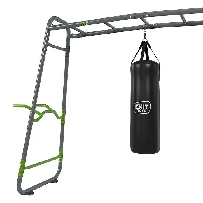 Exit Toys Klettergerüst GetSet Powerstation PS510 - 437 x 217 x 297 cm, Stahl, Grau/Grün - Graues Klettergerüst aus Metall mit grünen Dip-Stangen und einem schwarzen Boxsack.
